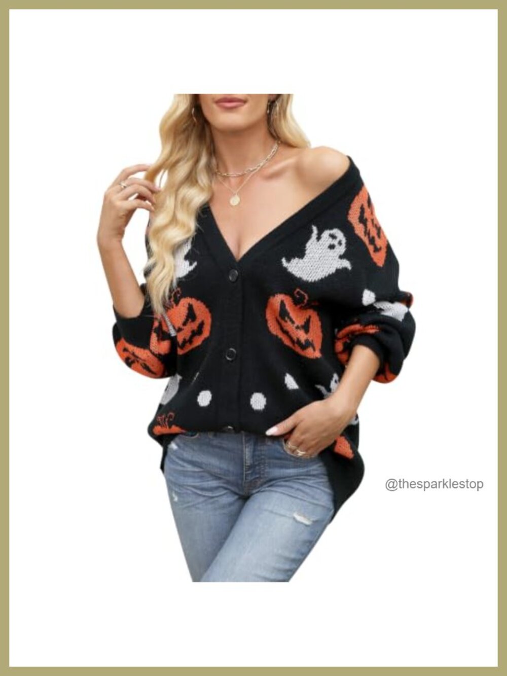 Oversized Halloween Pumpkin Ghost Cardigan Women V-Neck Knit Sweater